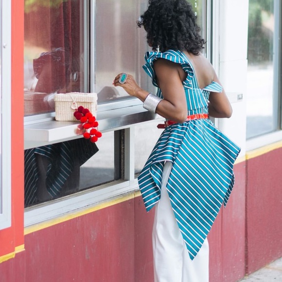 Self Portrait Women's Green & White Striped Asymmetrical Dress Size 4 - Picture 4 of 12